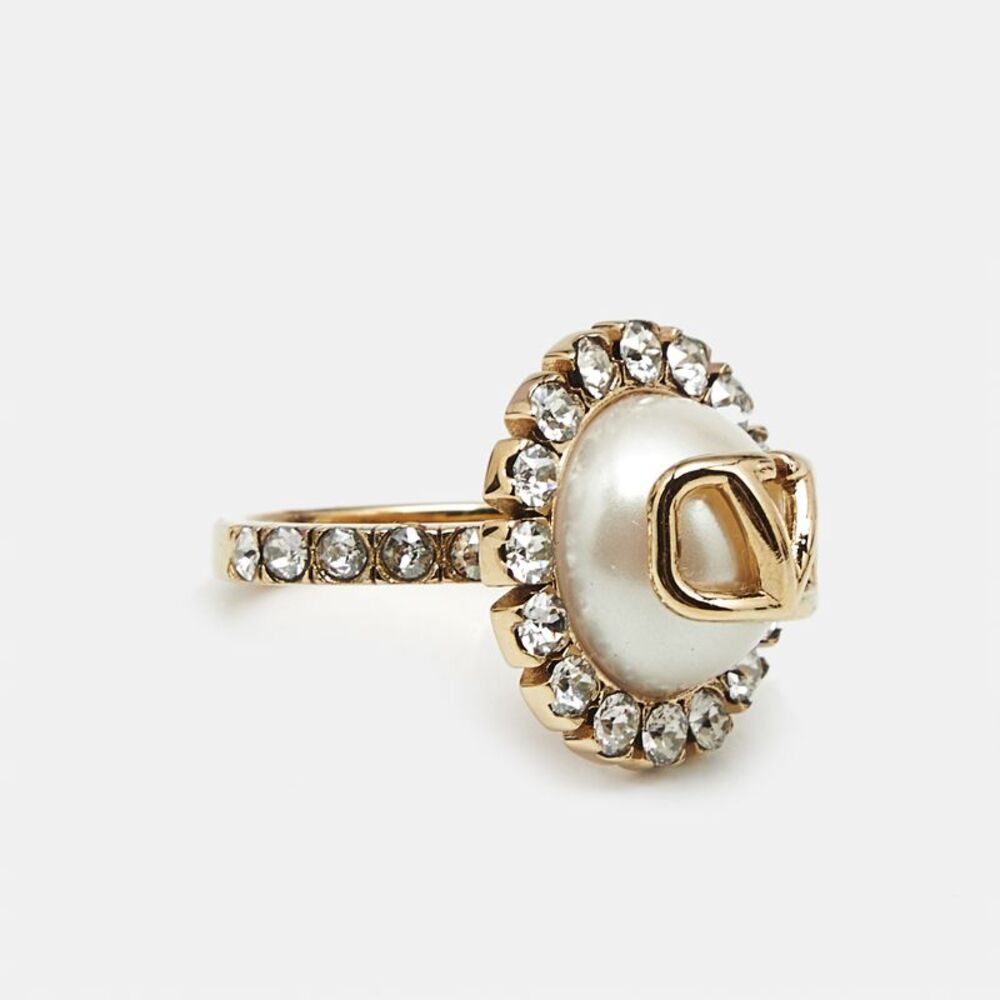 Valentino Vlogo Faux Pearl Crystals Gold Tone Ring Size 51 - Picture 4 of 5